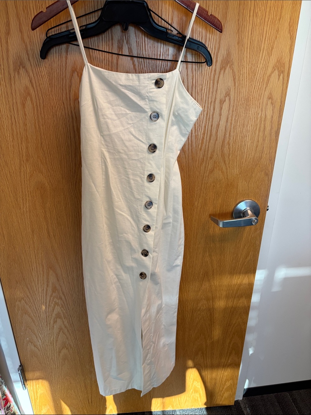 Cream Button-Front Midi Slip Dress with Thin Straps